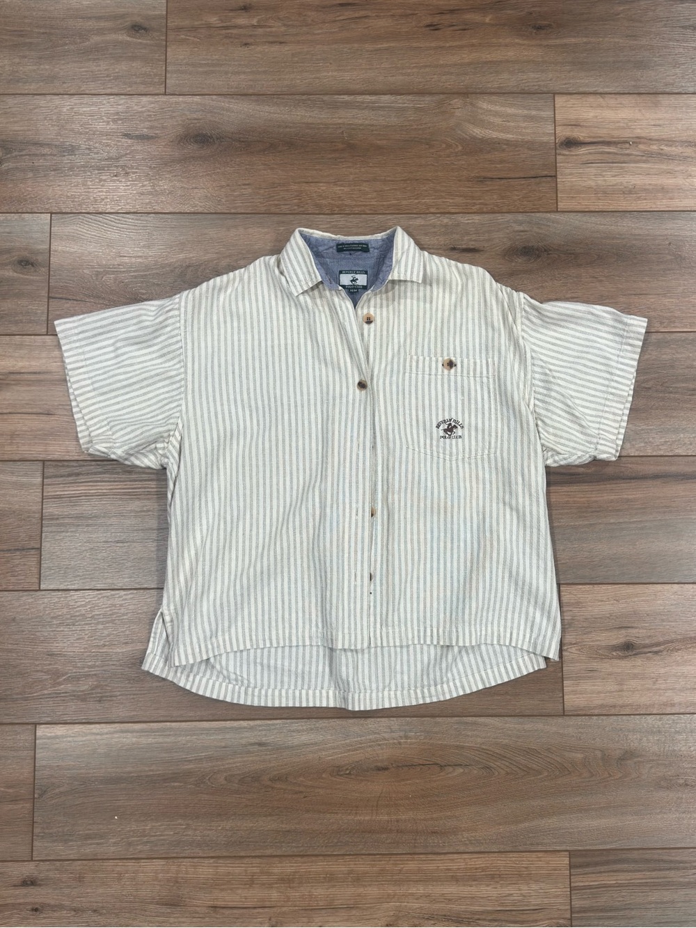BEVERLY HILLS POLO CLUB Boat Style  White Striped Cotton Button-up | Size Medium